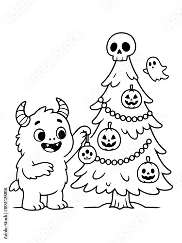 Spooky Celebration: A cute monster decorates a Halloween-themed tree with smiling pumpkin ornaments and a skull, conjuring a fusion of Halloween and holiday cheer.