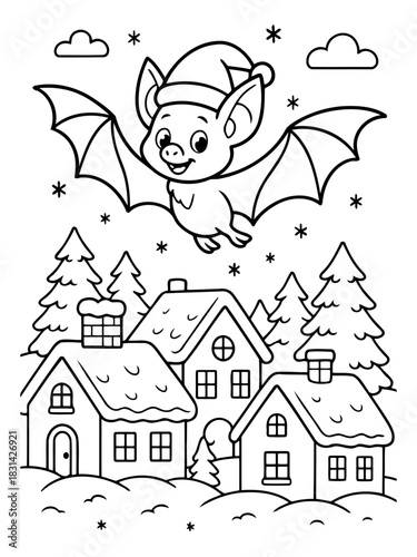 Christmas Eve Flight: A cute cartoon bat with a festive hat soars over snow-covered rooftops, carrying the spirit of Christmas joy to the world. 