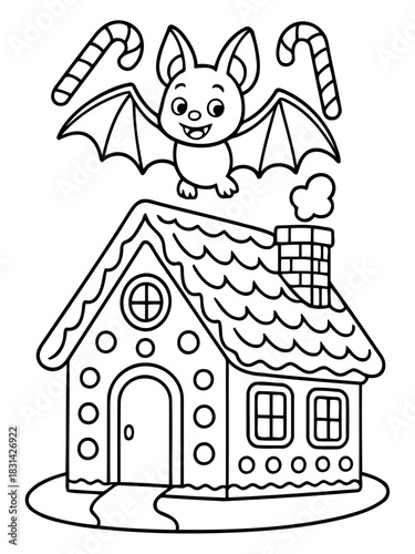 Sweet Home and Bat's Joy: In a whimsical illustration, a cheerful bat hovers above a beautifully crafted gingerbread house, complemented by candy canes, evoking the spirit of festive sweetness.