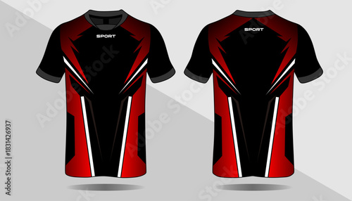 Dynamic Red and Black Sports Shirt Design with Bold Graphics and Modern Elements