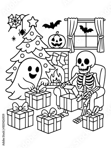Spooky Holiday Scene: An outline illustration captures a quirky holiday scene, with a skeleton and ghost exchanging gifts in a festively decorated room.