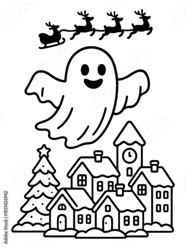 Festive Ghostly Town: A charming illustration depicts a whimsical town scene where a friendly ghost hovers, with a reindeer-pulled sleigh above it, exuding a playful and holiday spirit. 