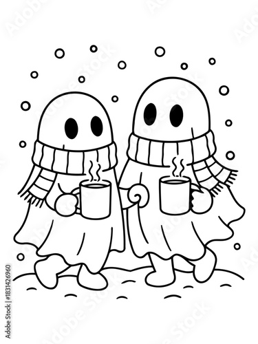 Cozy Ghosts in Winter: Two adorable ghost figures bundled up in scarves, strolling through a snowy scene while holding warm mugs, portraying warmth.