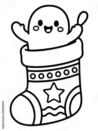 Festive Ghost in Stocking: A charming, outlined illustration features a friendly ghost, playfully peeking out from a decorative stocking.