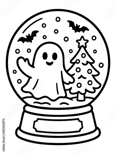 Spooky Snow Globe: A charming illustration depicts a whimsical snow globe, featuring a friendly ghost, bats, and a festive tree, creating a scene of spooky delight.