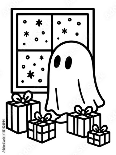 Ghostly Gifts: A cute ghost stands near window. Several wrapped gift boxes are surrounding it, and a snow falling.
