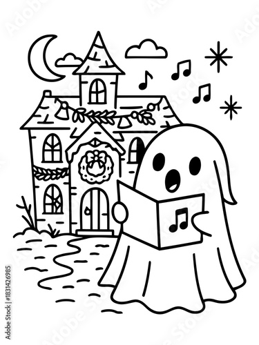 Ghostly Carol: A spectral being sings carols outside an old house adorned for the spooky season.