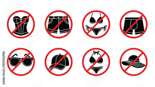 Prohibited clothing items with red circles and diagonal lines