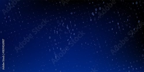 3D illustration of binary code cascading against a dark blue background, symbolizing data flow and digital connectivity