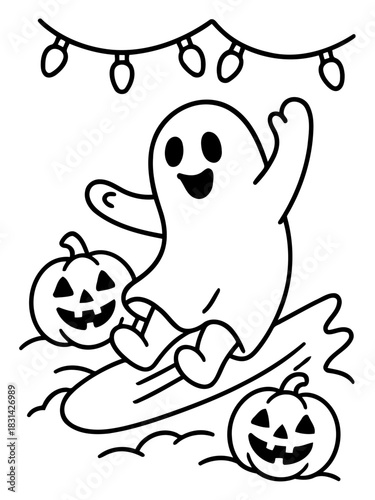 Spooky Halloween Surfer: A whimsical illustration depicts a playful ghost riding a surfboard between two carved pumpkins, festive lights above, celebrating the spirit of Halloween.