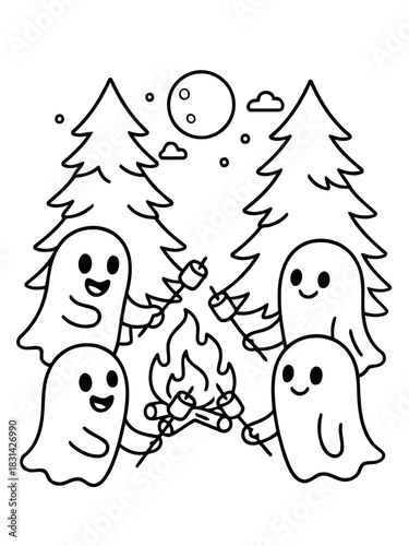 Spooky Campfire Gathering: A whimsical illustration showcases friendly ghosts enjoying a campfire under a full moon, roasting marshmallows, creating a spooky and fun scene.