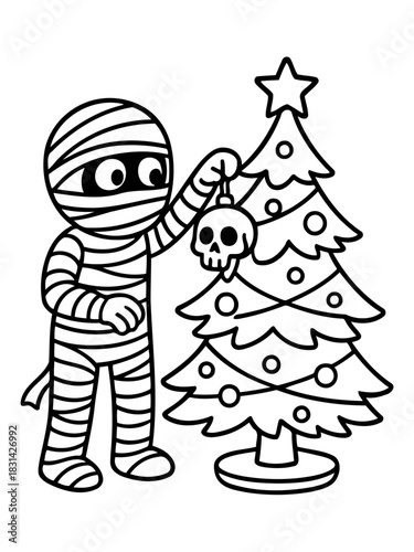 Spooky Christmas Decoration: A festive mummy figure decorates a Christmas tree with a skull ornament, blending the joy of the holidays with a hint of eerie fun. 