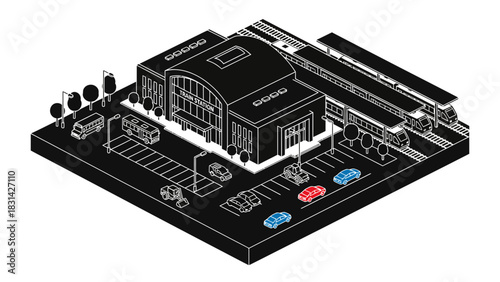 Isometric view of a train station with parking and public transport