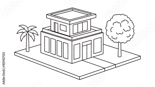Isometric view of a modern building with trees and green grass area