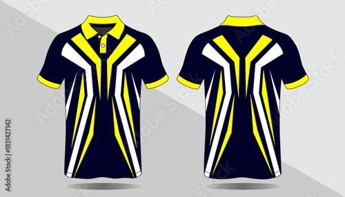 Stylish Sporty Polo Shirt Design with Dynamic Yellow and White Accents on Navy Background