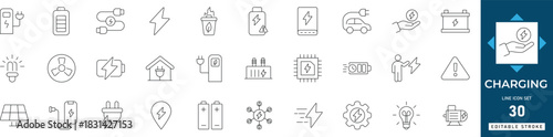 charging icon set featuring battery levels, power, plugs, energy, indicators, fast, charge, symbols, cable, connections, and device power status visuals