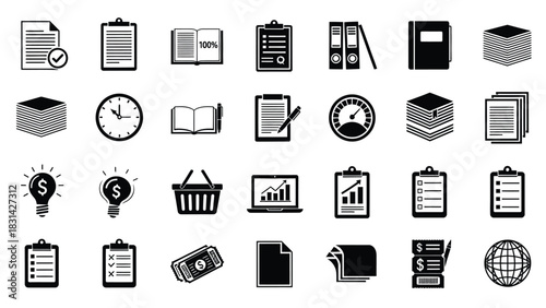Collection of business and office related black vector icons set