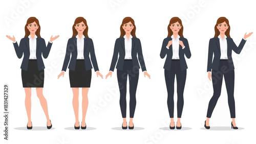 Five cartoon businesswomen in various poses wearing professional attire.