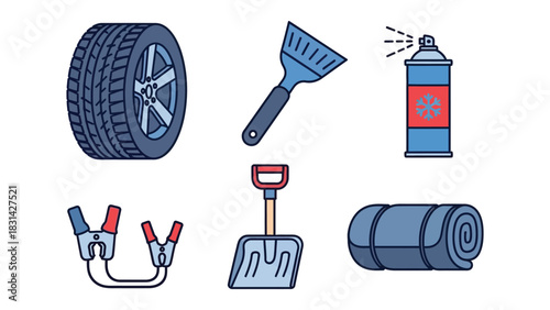 A collection of winter car emergency kit essentials are displayed