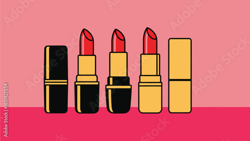 Illustration of three red lipsticks and two lipstick covers on pink