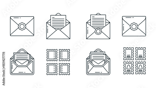 Collection of envelopes with wax seals and stamps in flat design
