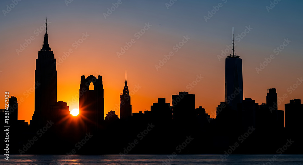 Fototapeta premium Cityscape at Sunset Silhouette of New York City Icons against the Horizon