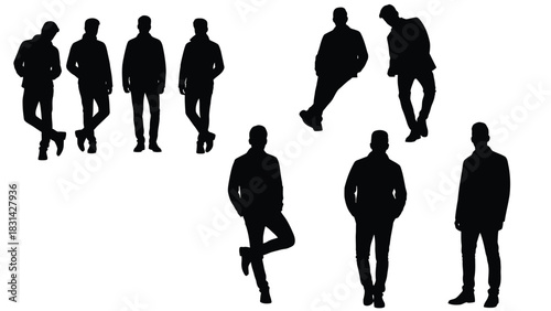 Silhouette of men in various poses against a white background