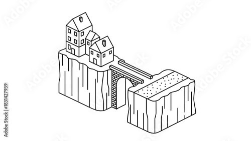Isometric illustration of houses on cliffs connected by a bridge