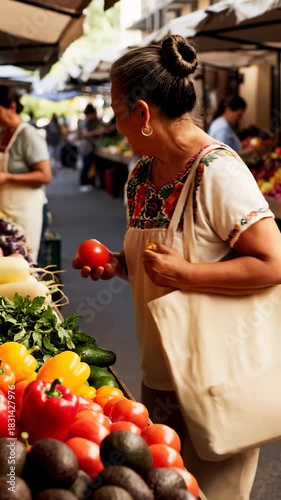 Smiling Mature Woman Holding Tomato at Farmers Market
