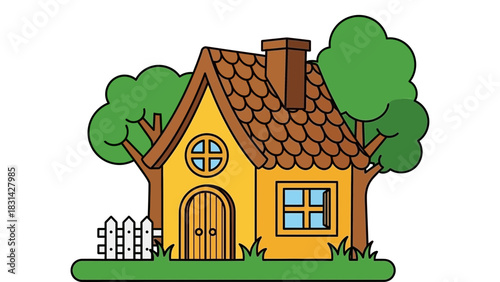 Illustration of a yellow house with trees and a white picket fence