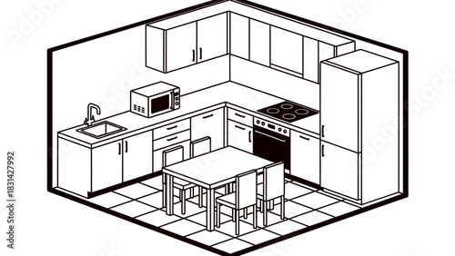 Isometric kitchen scene with table chairs and appliances cartoon