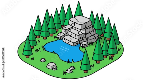 Isometric view of a pond surrounded by trees and a rock formation