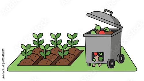 Illustration of garden beds with plants and a compost bin nearby