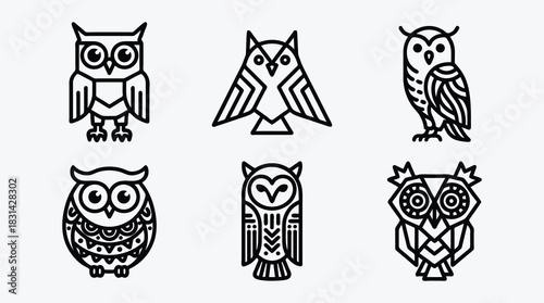 Variety of owls line art drawing design elements illustrations set