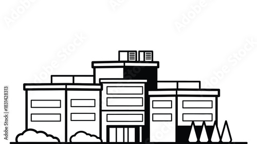 Illustration of a building with bushes and trees in the foreground