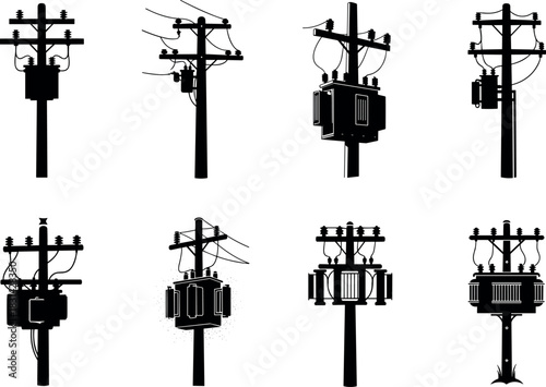 WebEight utility pole silhouettes with transformers and insulators – flavector power grid infrastructure illustration set