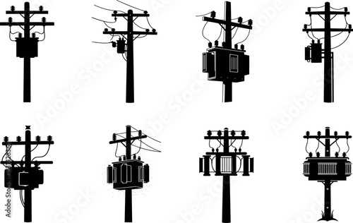 Eight utility pole silhouettes with varied transformer and power line configurations – flavector