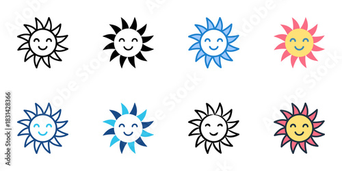 Sun icon set multiple style vector collection. Editable Stroke 
