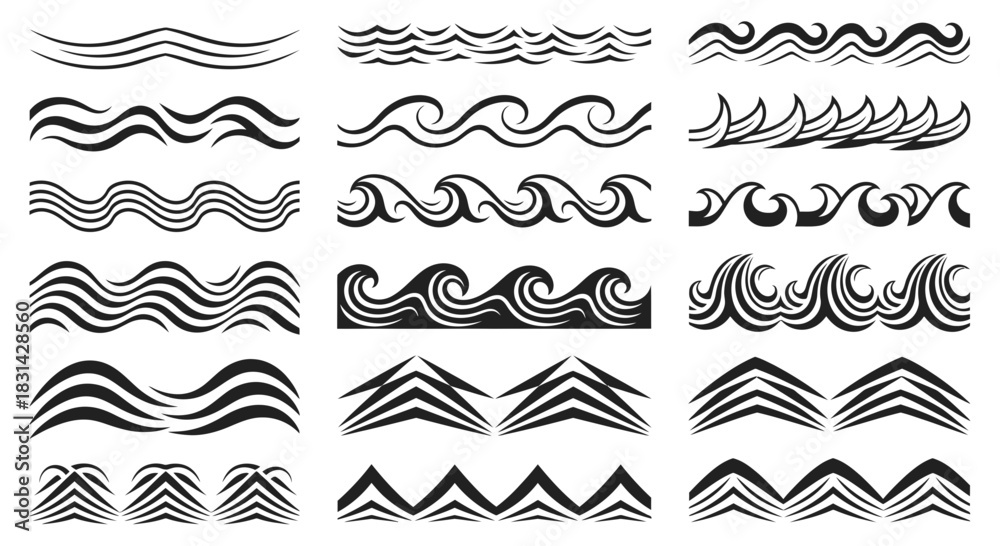 Fototapeta premium Dynamic wave borders and graphic elements perfect for coastal themes, design projects, and nautical branding needs.