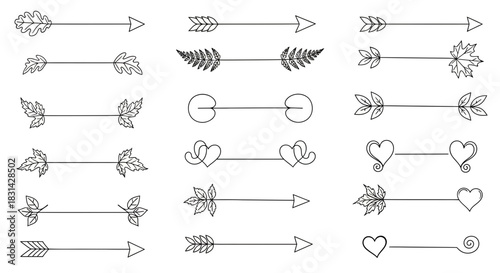 Elegant hand drawn dividers and arrows featuring nature elements like leaves and hearts, perfect for adding decorative flair to designs.