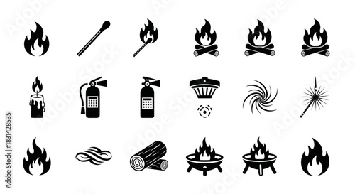 Essential fire safety and heat icons including flames, matches, candles, extinguishers, logs, and fire pits for design projects