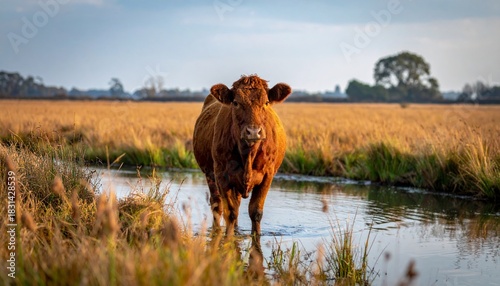 Cow wading in water in golden field.