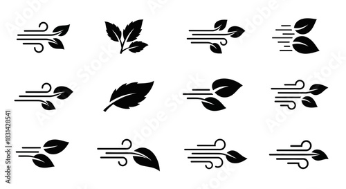 Dynamic leaf icons symbolizing fresh air movement, natural breeze, and environmental freshness for modern branding and eco concepts