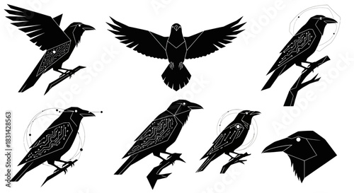 Striking black raven silhouettes with intricate circuit board patterns and geometric designs, evoking mystery and modern tech