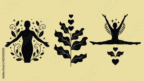 Three black silhouettes of yoga poses and a plant with hearts