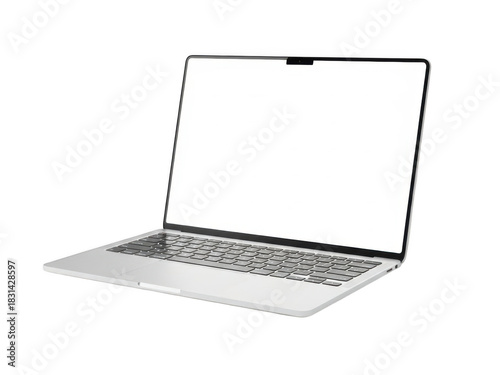 Modern silver laptop with blank white screen isolated on black studio backdrop transparent background