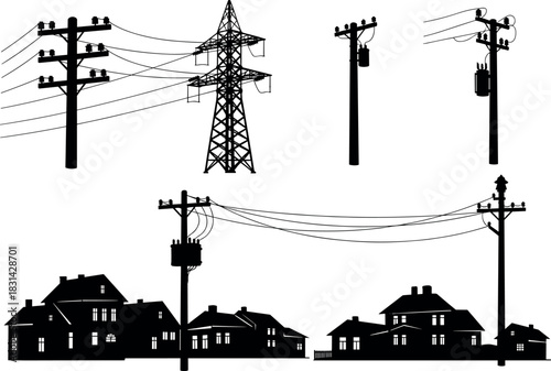 Electrical grid, utility poles, transformers, transmission tower, residential power lines, silhouette infrastructure, energy flow, flavector