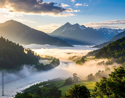 Stunning vista of mountains, river valley, and morning fog