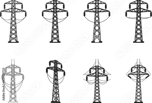 Electrical transmission towers and pylons silhouettes, high voltage power line infrastructure designs collection, energy grid flat vector