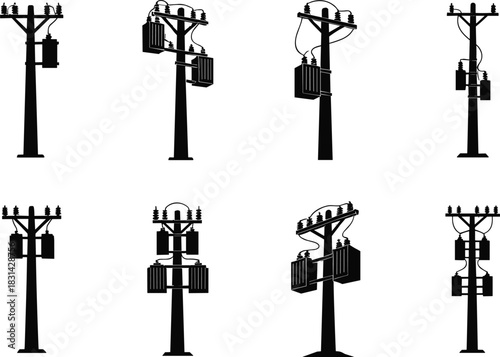 Electrical utility poles with transformers and insulators silhouettes, power distribution infrastructure designs collection, flat vector